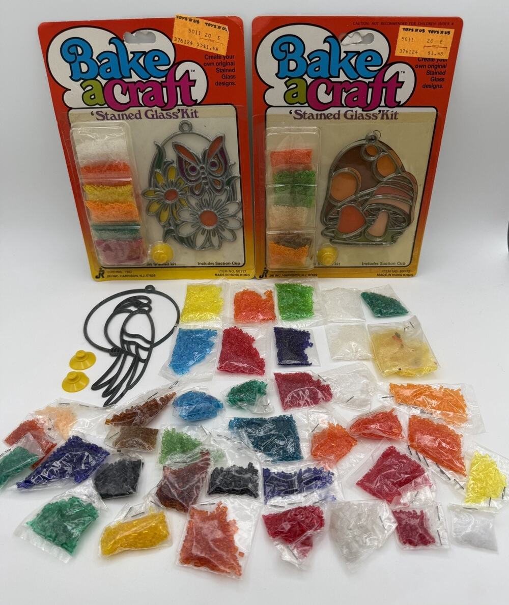 Vtg Bake a Craft Stained Glass Kit x2 Extras 1982 Mushroom Flower Bird